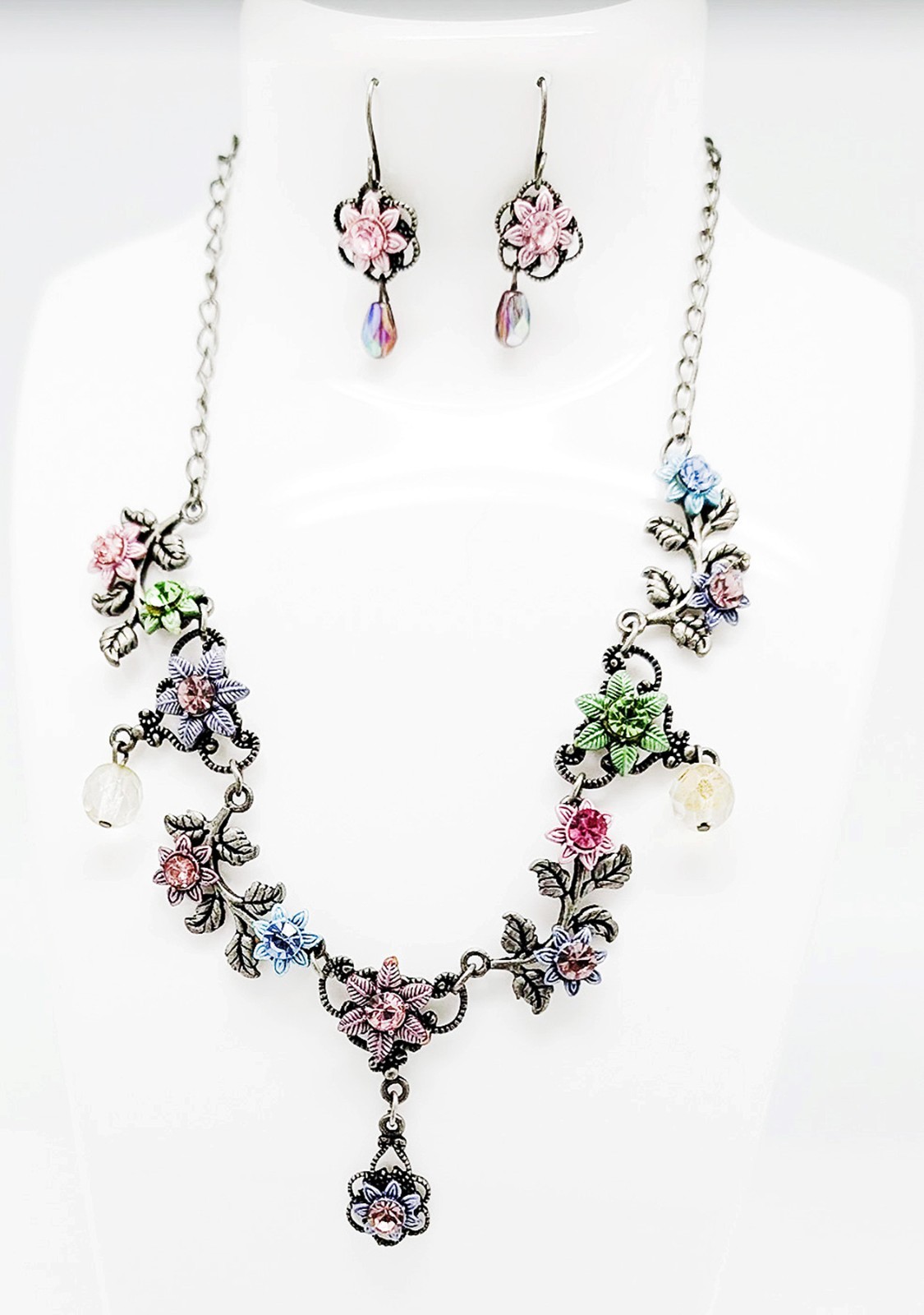 DESIGNER INSPIRED ELITE FILIGREE MULTI CRYSTAL FLORAL ENAMEL SILVER JEWLERY SET