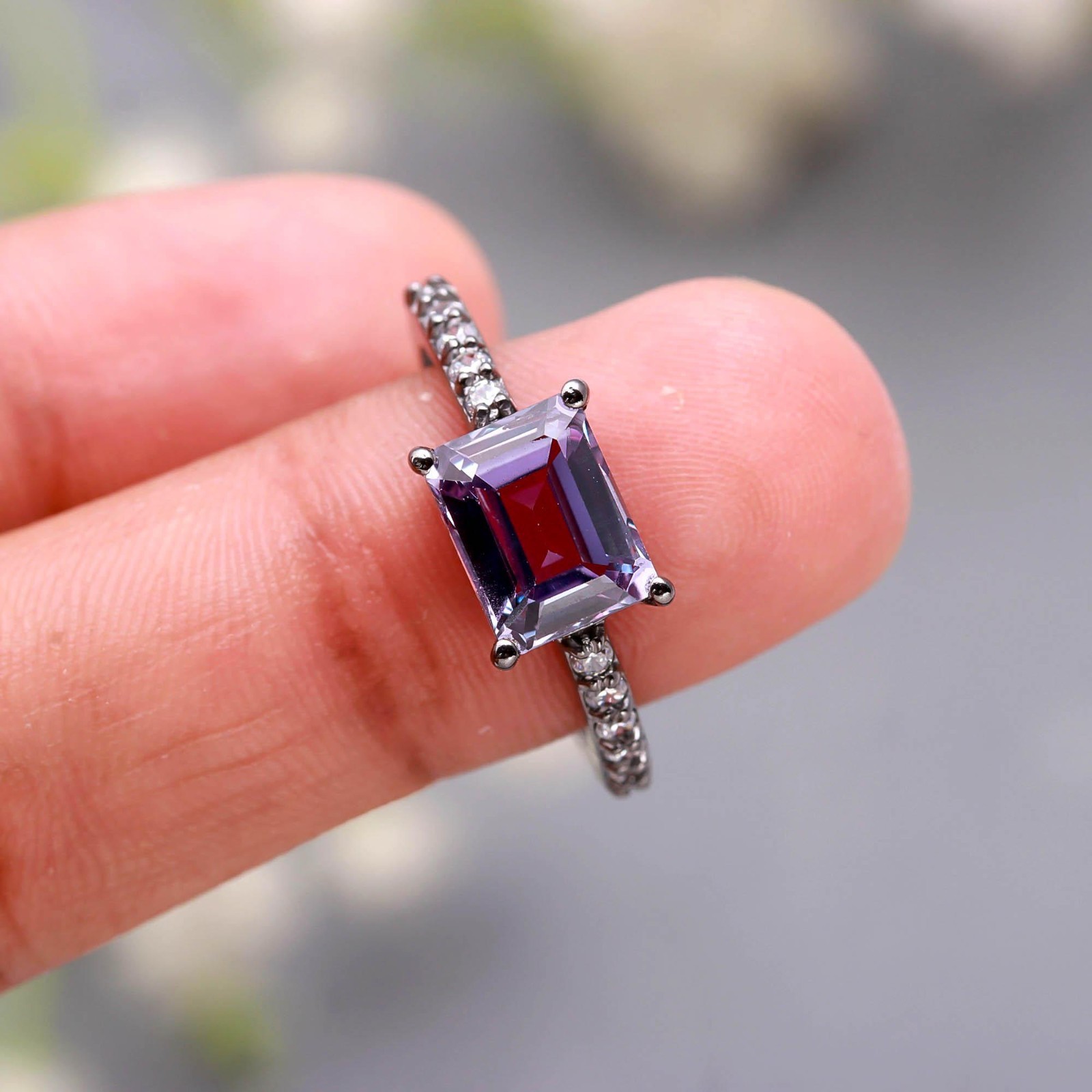 Color Changing Alexandrite Octagon Ring Oxidized 925 Sterling Silver Jewelry