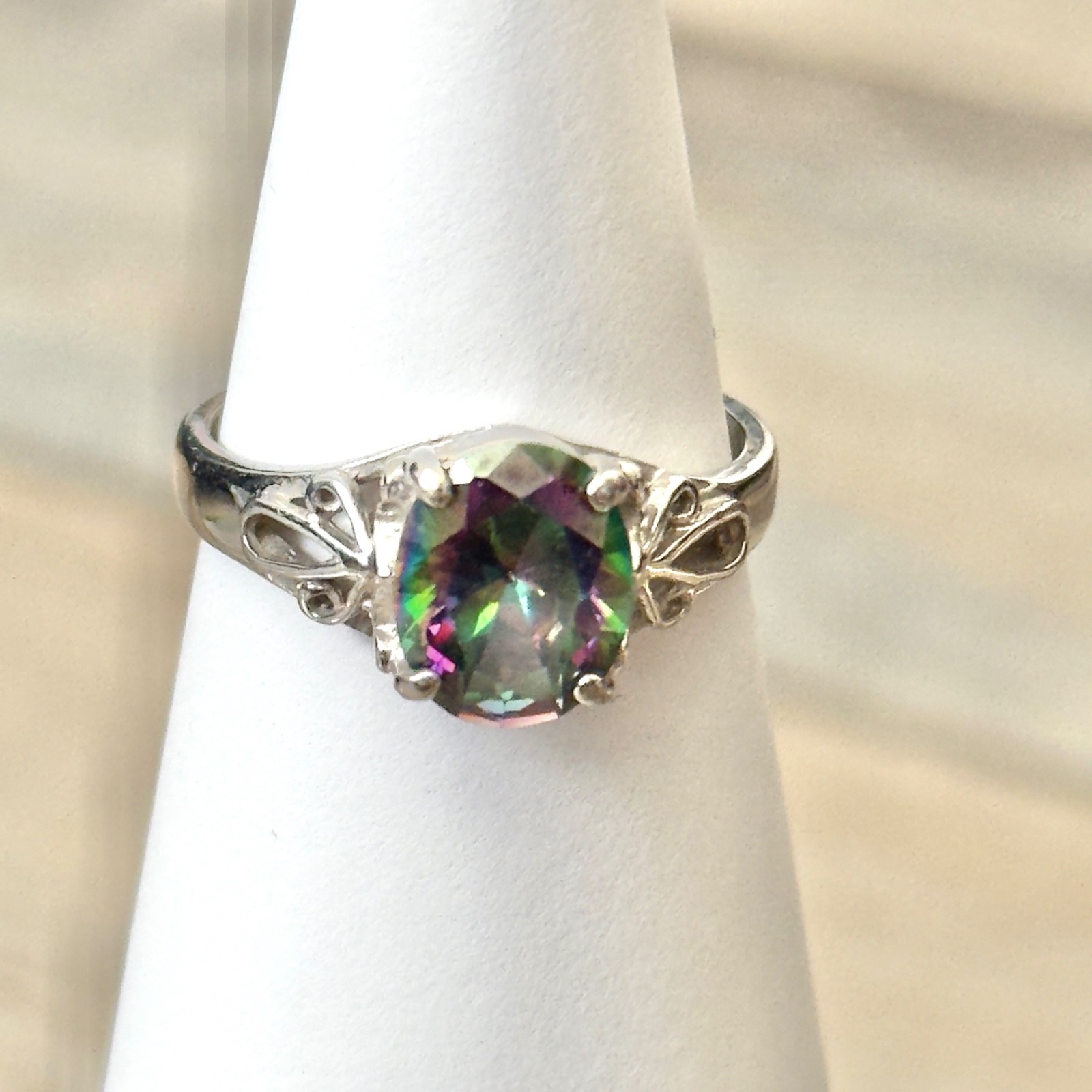 RS Covenant Mystic Rainbow Faceted Oval CZ Statement Ring RSC Silver Tone