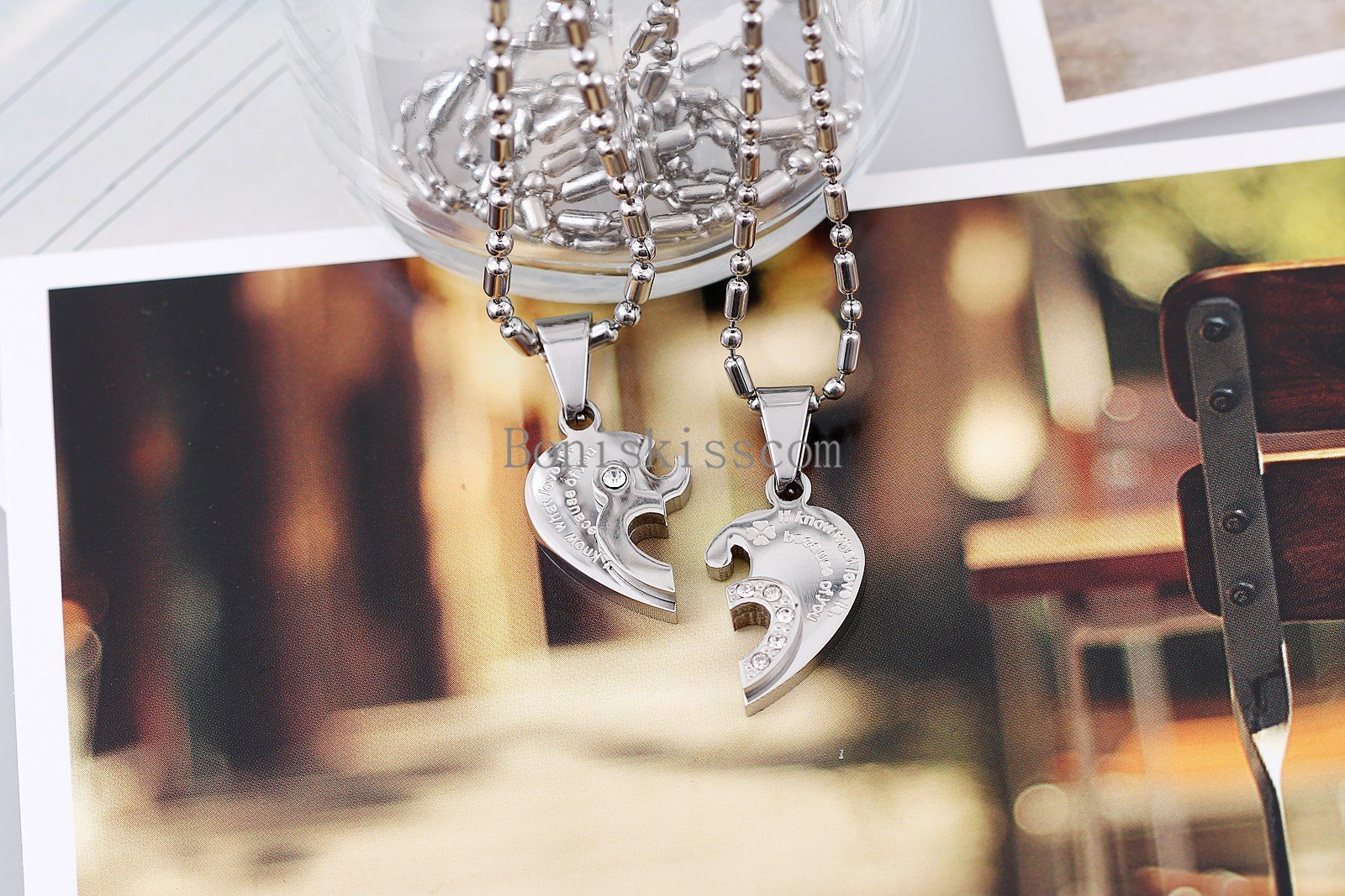 His and Hers Stainless Steel Couple Heart Love Promise Pendant Necklaces 2pcs