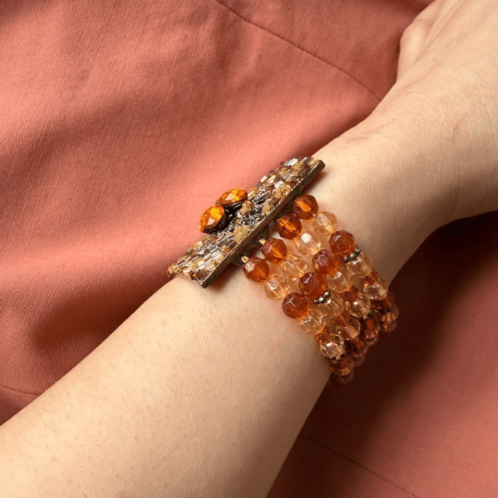 Y2K Multi-stranded Bracelet with a faux Amber Glass, Gems Statement Pendant