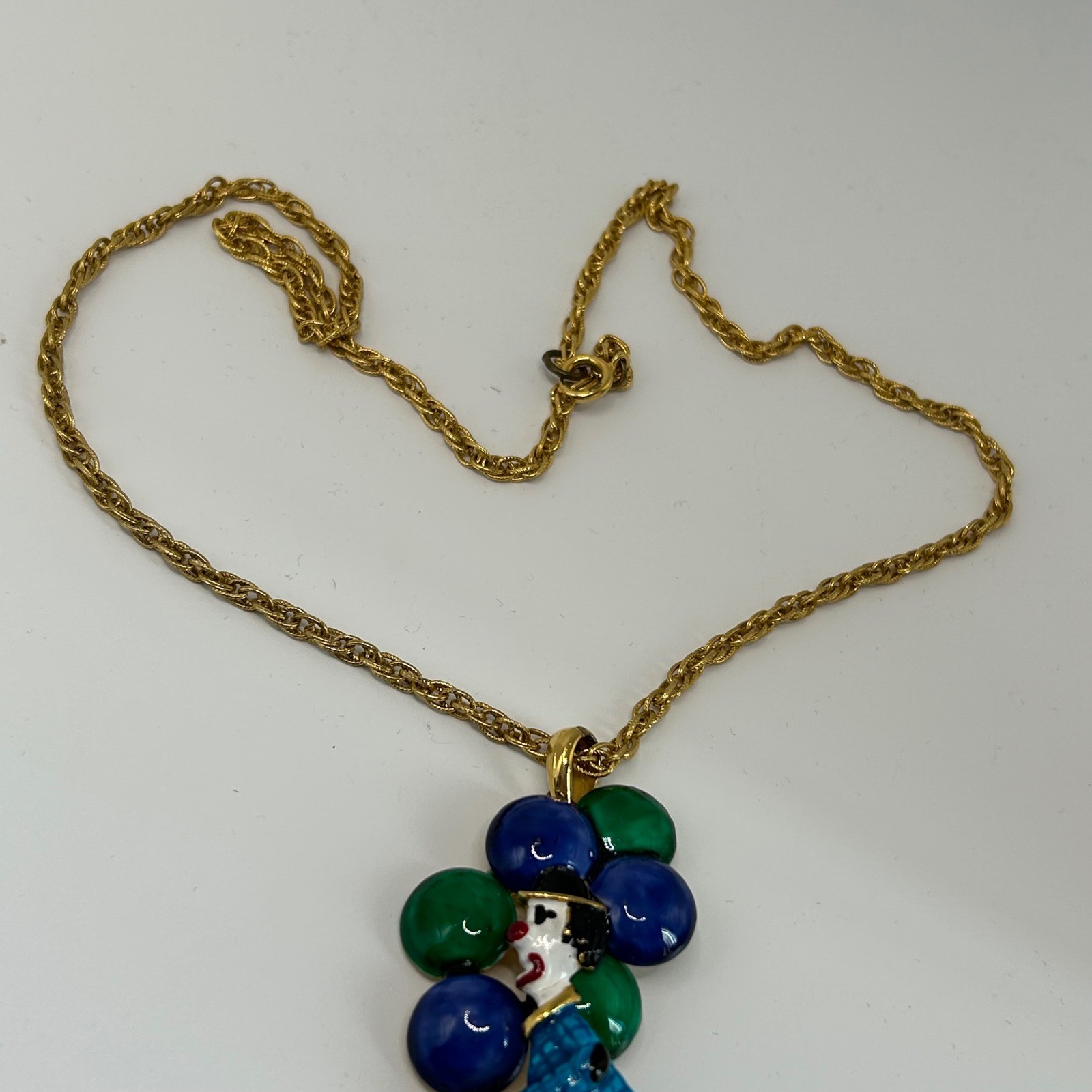 Vintage Enamel Clown Balloons Pendant Necklace Gold Tone Blue Red Green Circus