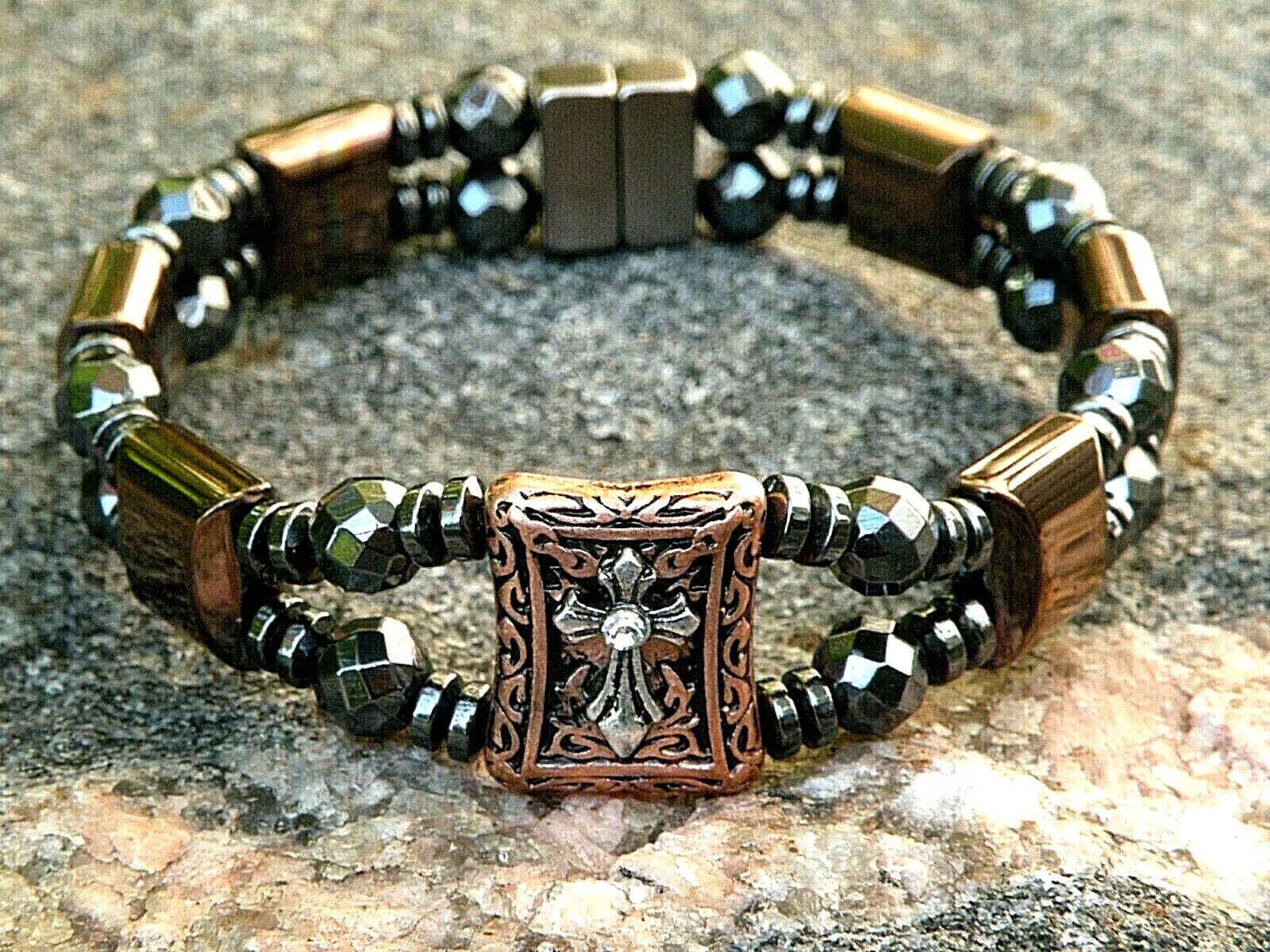 Copper n Black Magnetic Hematite Bracelet Anklet 2 Row Cross Slider