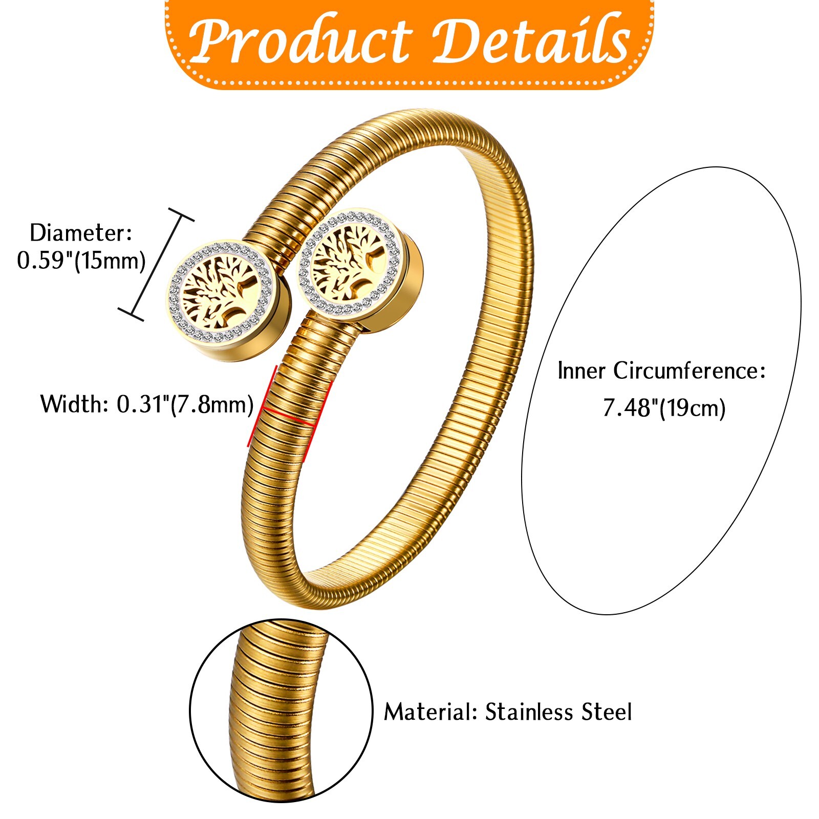 Women’s Tree of Life Bracelet Stainless Steel Elastic Open Stackable Adjustable