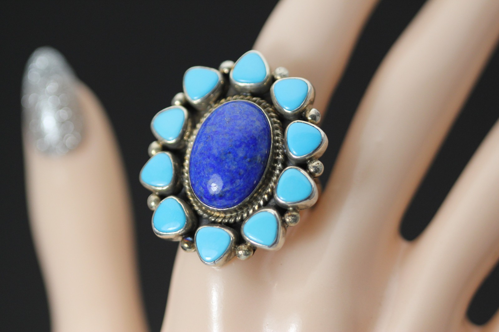Sterling Oval Blue Lapis & Faux Turquoise Western Size 11 Ring 13.1g(RIN9663)