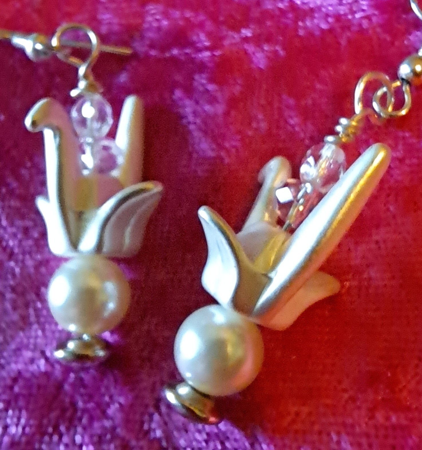 Origami Look Bird Earrings With Crystal and Faux Pearl Metal Earrings