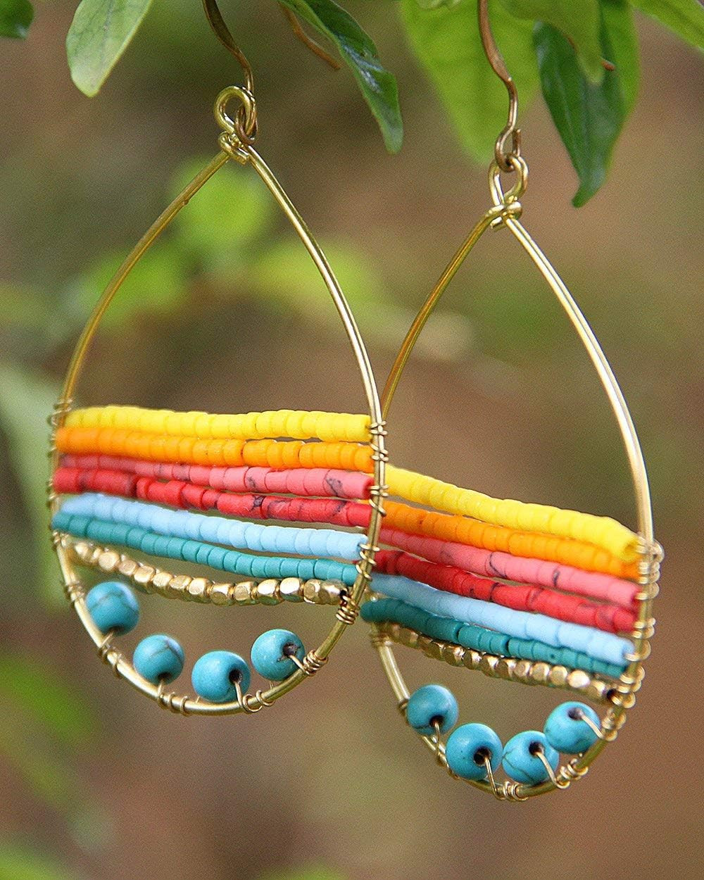 Handmade Boho Teardrop Earrings for Women – Silver and Gold Dangle Hoop. Colorfu