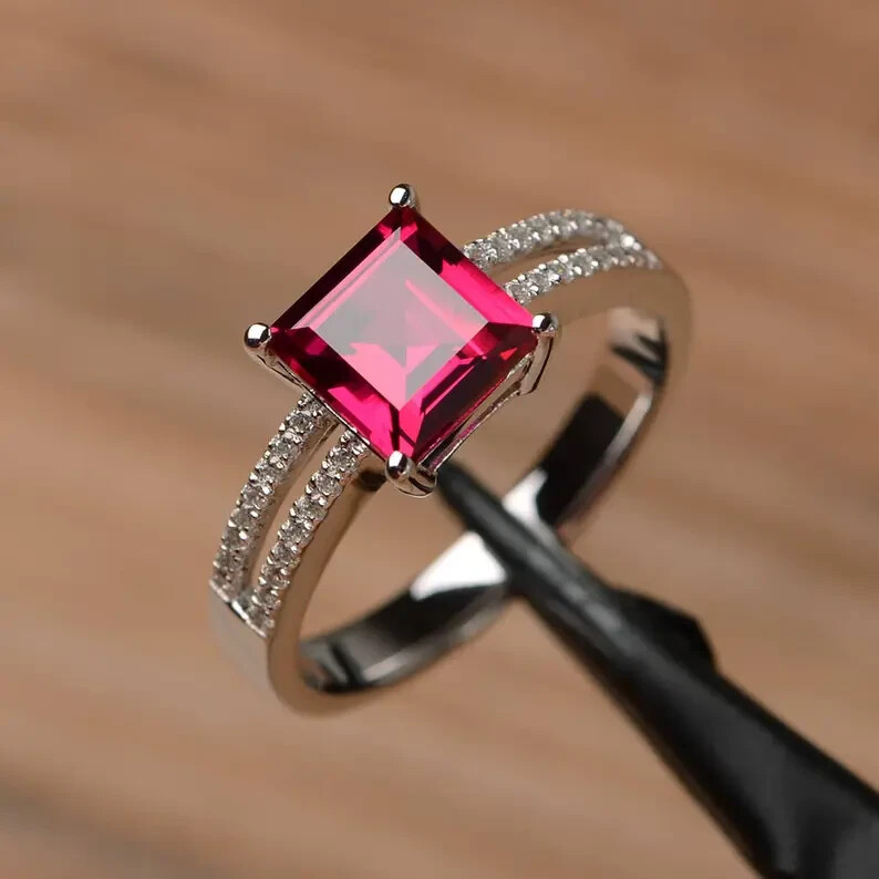 Unique Solitary Ring 2.37 Ct Princess Cut Simulated Ruby 14K White Gold Plated