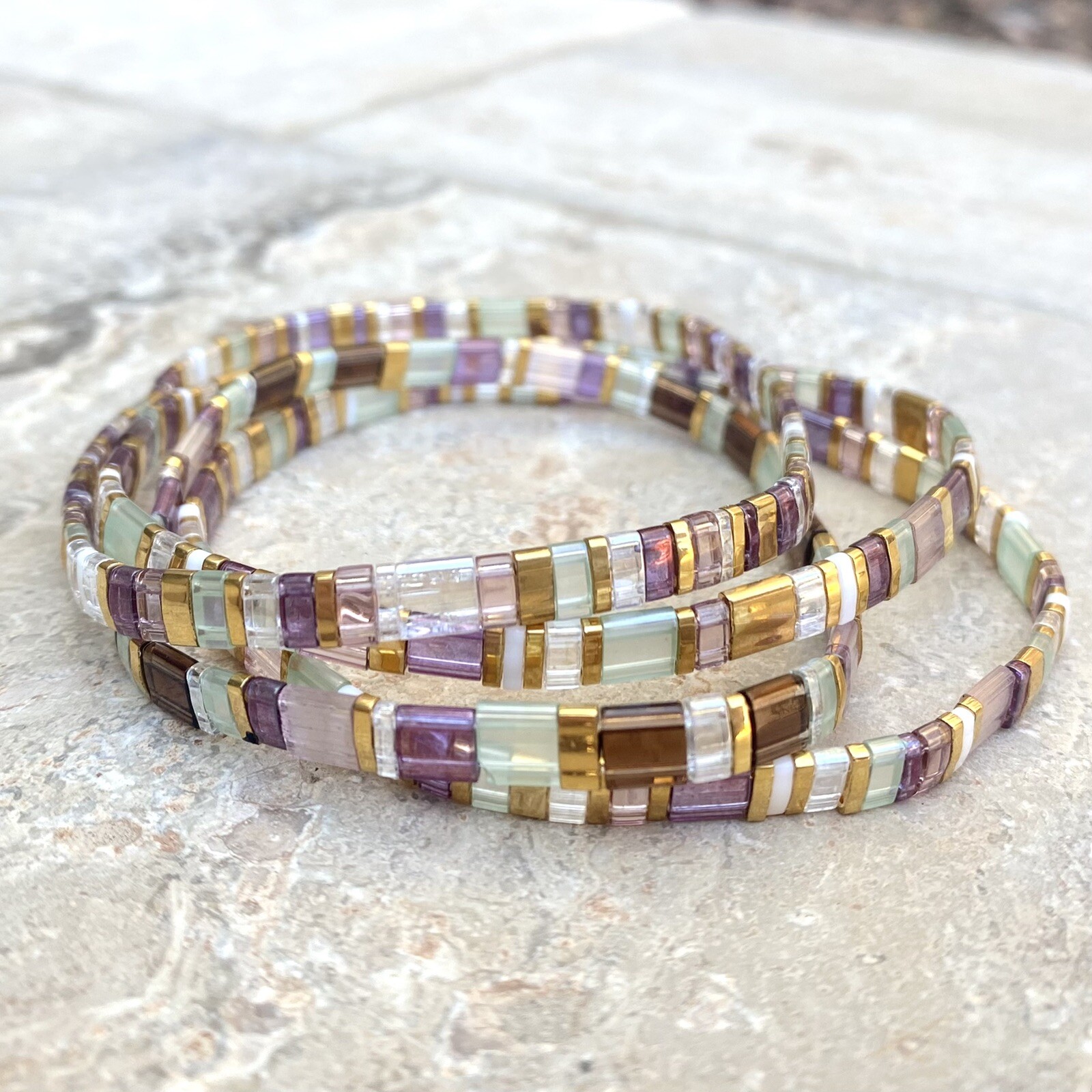 Miyuki Tila Mermaid gold silver bracelet boho Japanese glass tile stackable USA