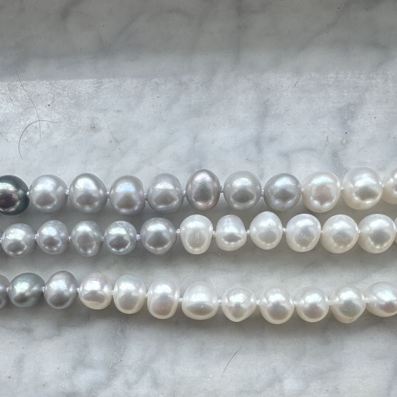 Vantel Pearls 3 Strand Black & White Round Pearl Necklace, Silver, Spring Ring
