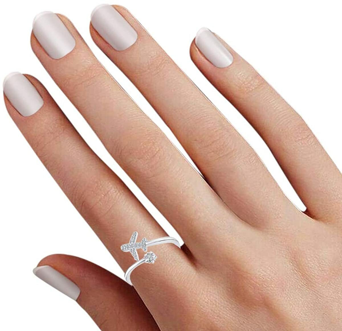Simulated Round Diamond Adjustable Aeroplane Ring 14k White Gold Plated Silver