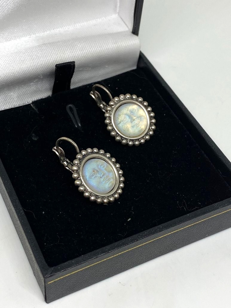 Kirks Folly Moon Face Earrings Iridescent Silvertone Leverback Signed Celestial