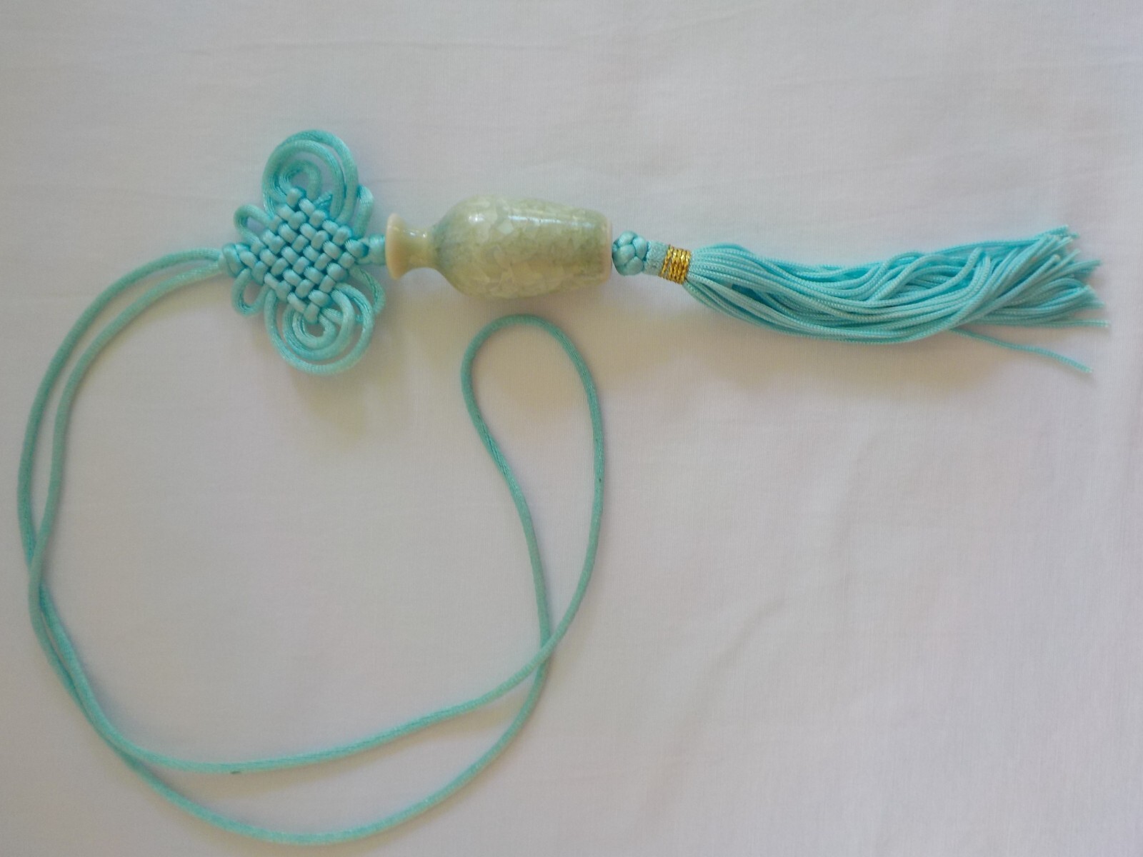 Vase Shape Asian Necklace Cord Woven Tassel Aqua Blue Light Green