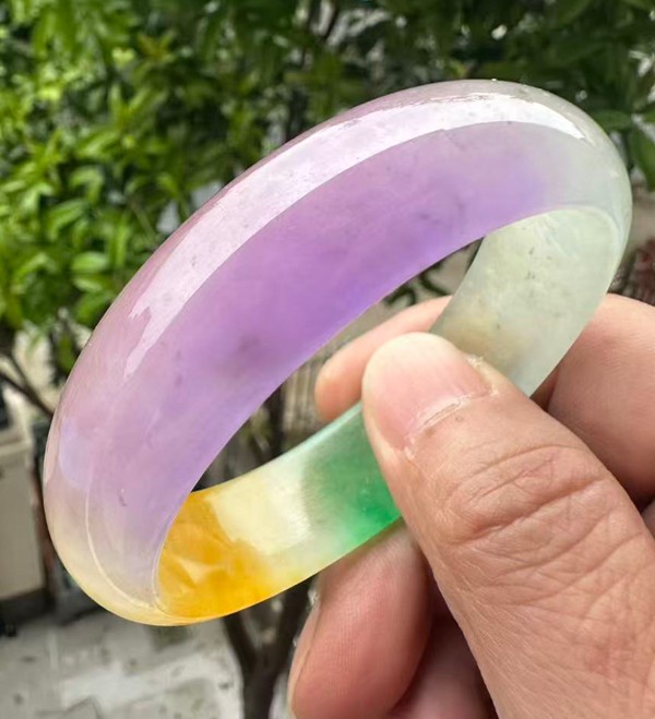 Natural Grade A Jadeite Bangle Tri-Color Green Lavender Yellow Burmese Jade 59mm