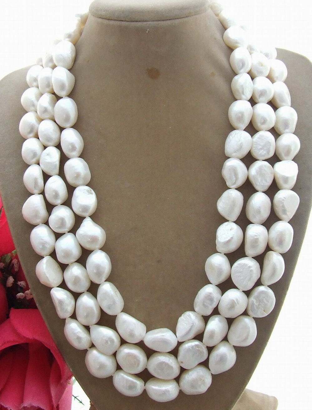 18-20″ 3 strands 9-11mm natural white pearl large pearl baroque pearl necklace
