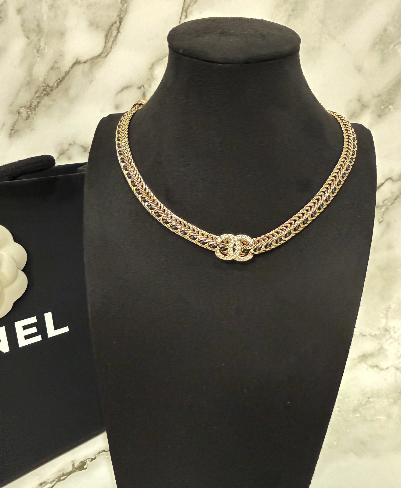 CHANEL Gold Black Leather Woven Chain Choker Necklace CC Logo BRAND NEW