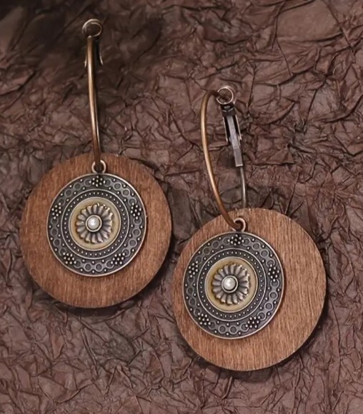Handcrafted ~ Wood ~ Bronze ~ Alloy ~ Double Pendant ~ 1.25″ Dangle Earring