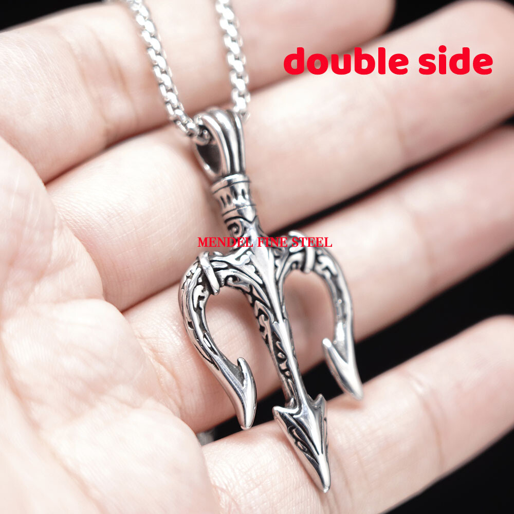 MENDEL Cool Stainless Steel Mens Greek Poseidon Trident Pendant Necklace For Men
