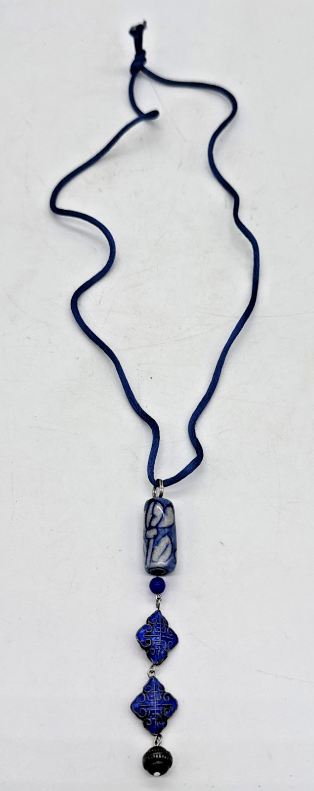 Handmade Blue Ceramic Cloisonne Pendant Necklace Adjustable Cord Artisan Jewelry