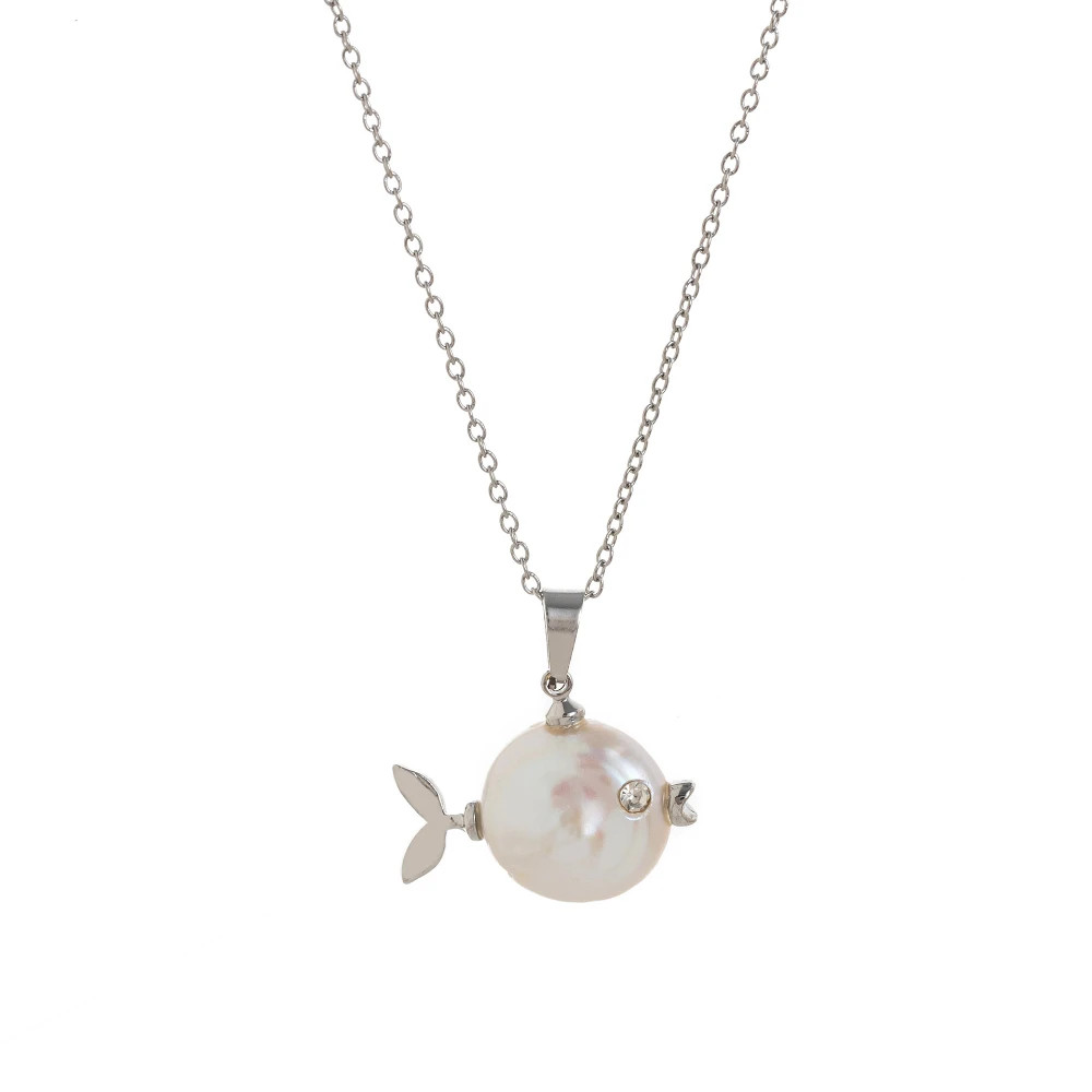 Clownfish Pendant Necklace Pearl Fish Shape O Chain Marine Theme Jewelry