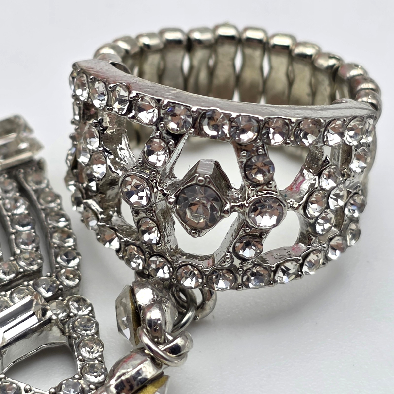 Vintage Faux Pearl Slave Bracelet Ring Set Clear Crystal Pave Stretch Bridal