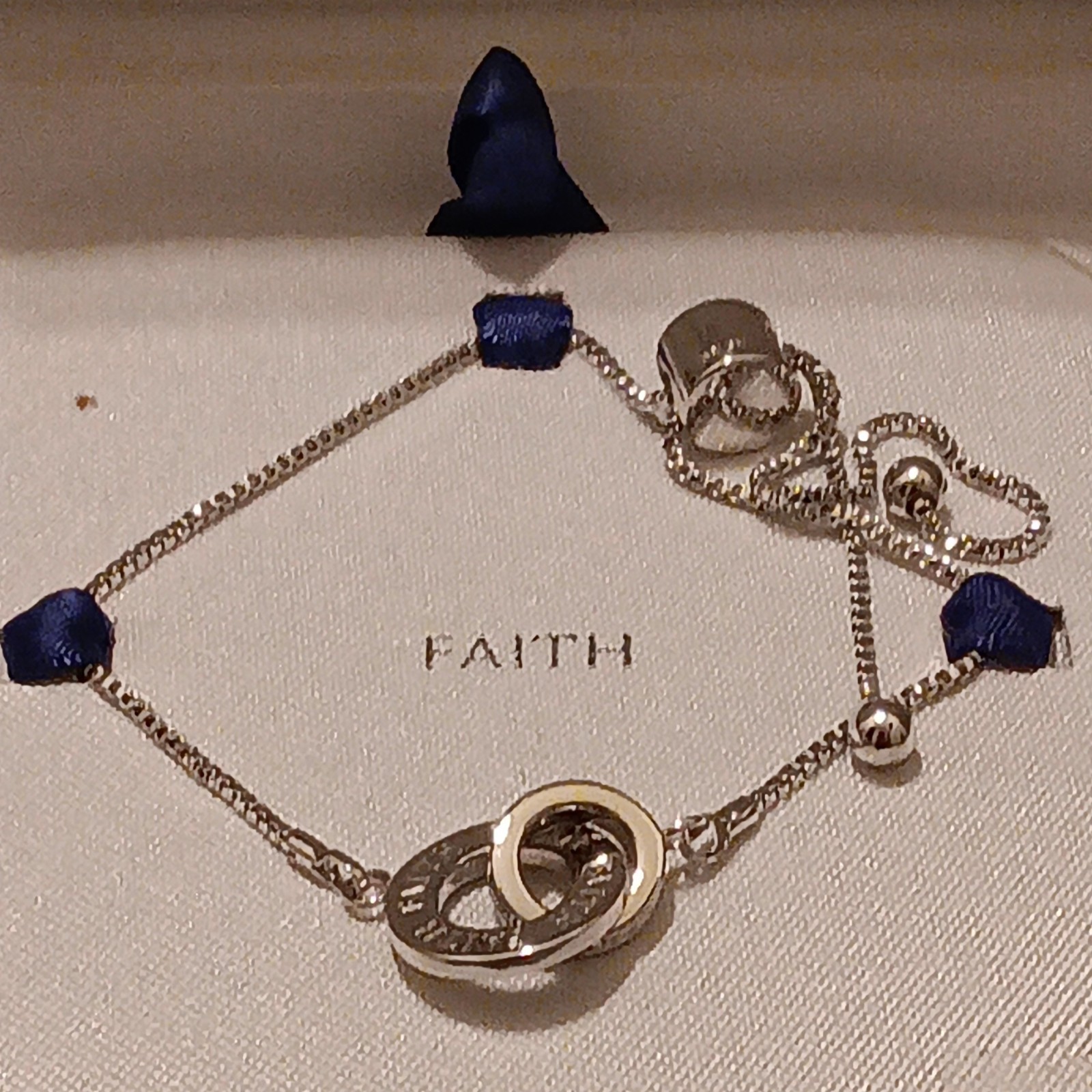 Brilliance Faith Charm Bracelet Adjustable Box Chain Slide Clasp Silver/Blue