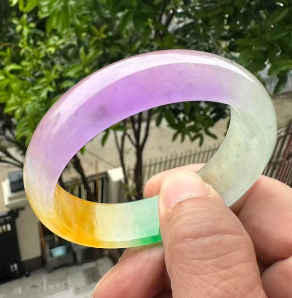 Natural Grade A Jadeite Bangle Tri-Color Green Lavender Yellow Burmese Jade 59mm