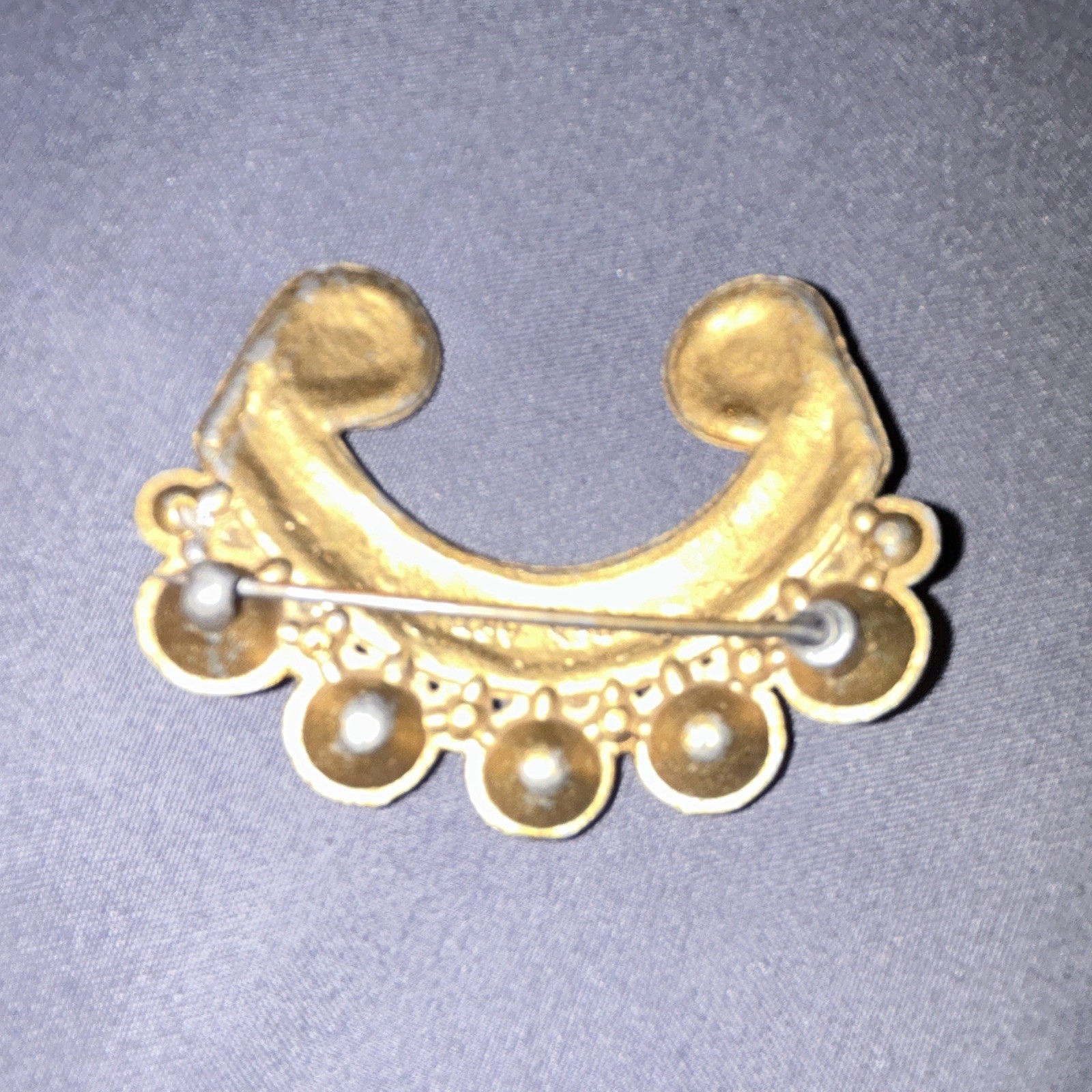 Gold Tone Metal Crescent Brooch Pin w/ Blue Round Rhinestones, Bezel Set