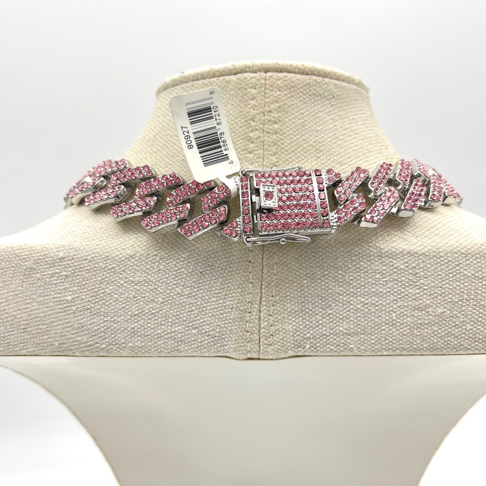 Invicta Pink Crystal Iced Out Cuban Link Chain Necklace Silver Tone 22 Inch
