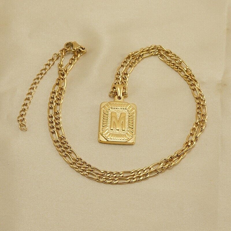 18″ Gold Plated Initial Letter Pendant Necklace Stainless Steel Figaro Chain New