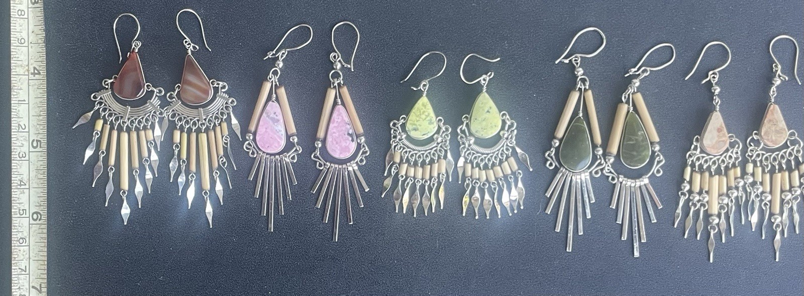 5 Pairs Peruvian Semi-Precious Stone Bamboo Earrings Handmade Lot Peru Boho
