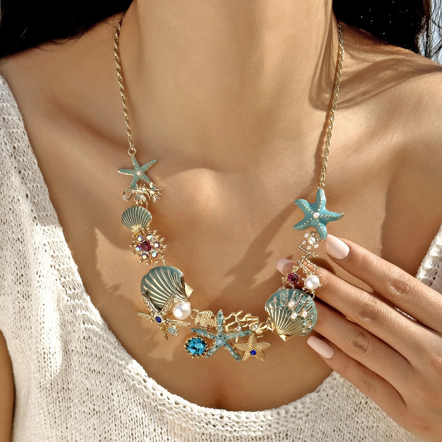 Boho Shiny Starfish Shell Coral Pearl Pendant Necklace For Women Crystal Zircon