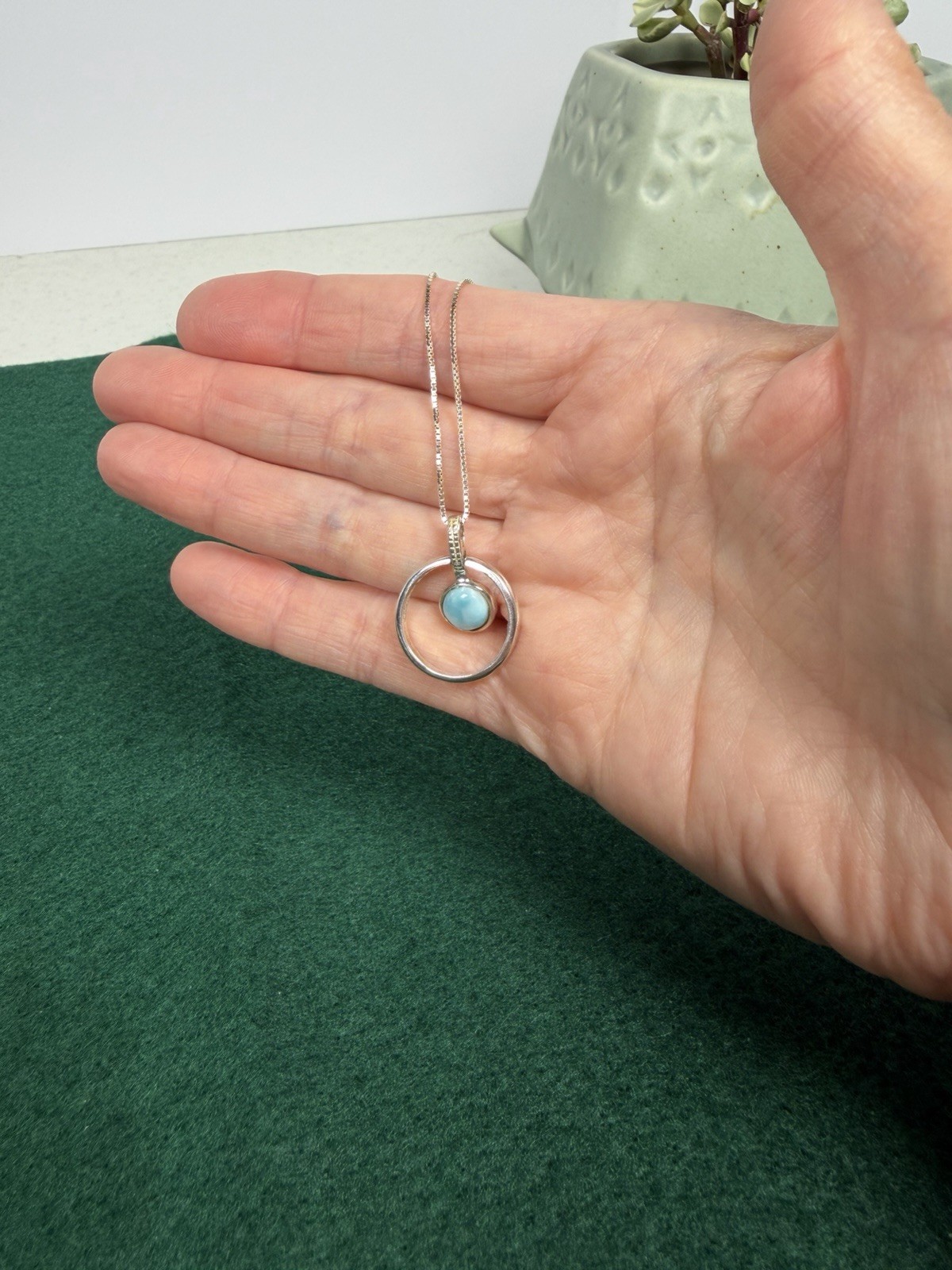 925 Italy Sterling Silver Larimar Circle Pendant & Necklace