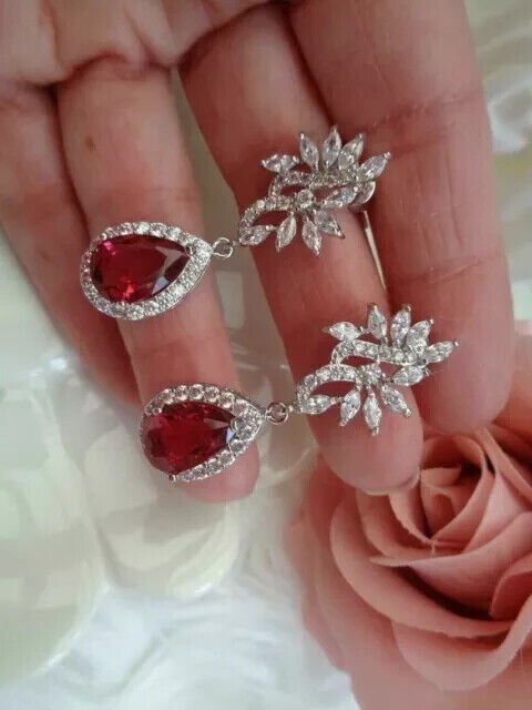 3Ct Pear Cut Simulated Ruby Stunning Drop Dangle Earrings 14K White Gold Plated