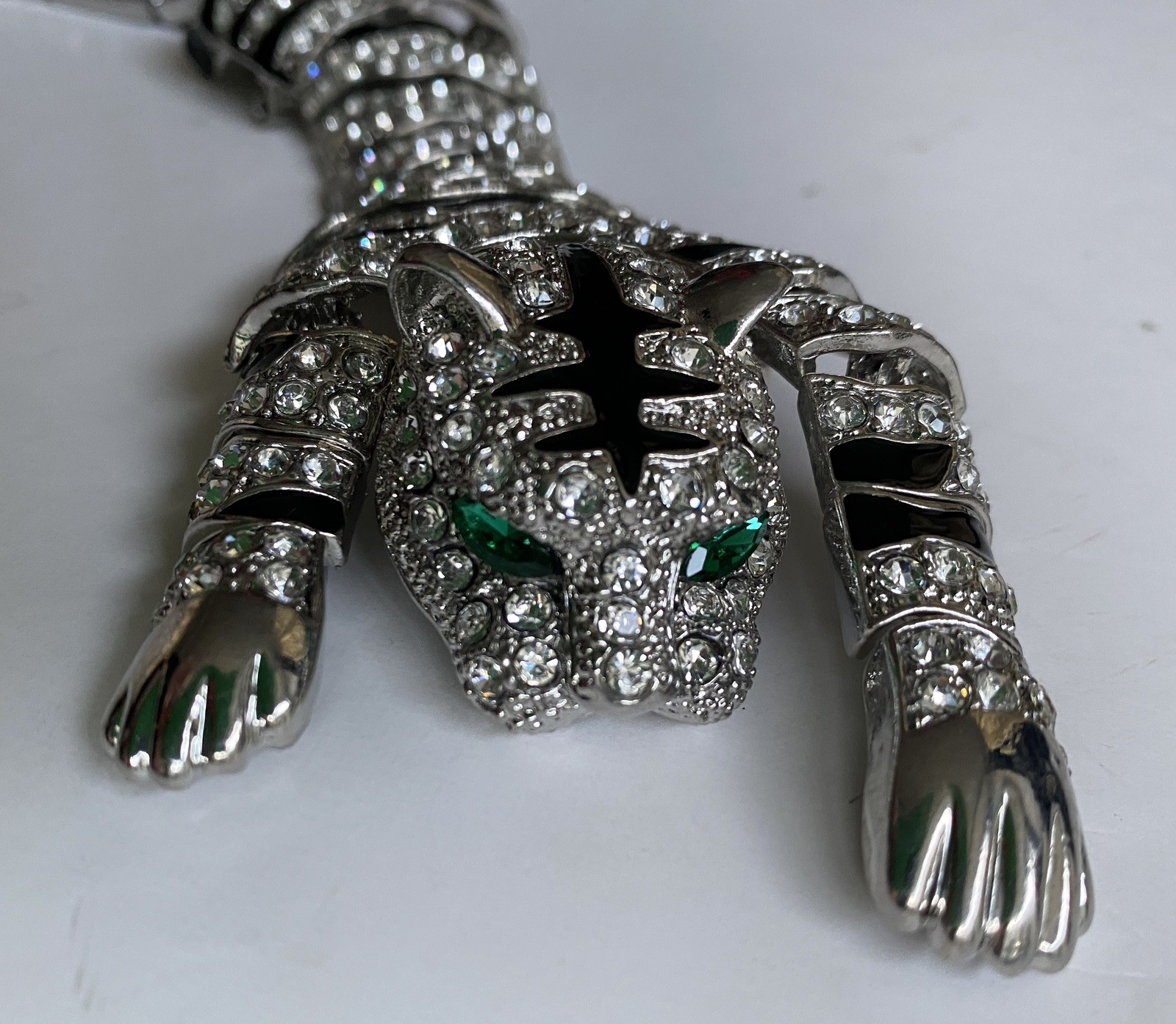 Movable Articulated Silver Tone Crystal Black Enamel Large Tiger Cat Brooch NEW