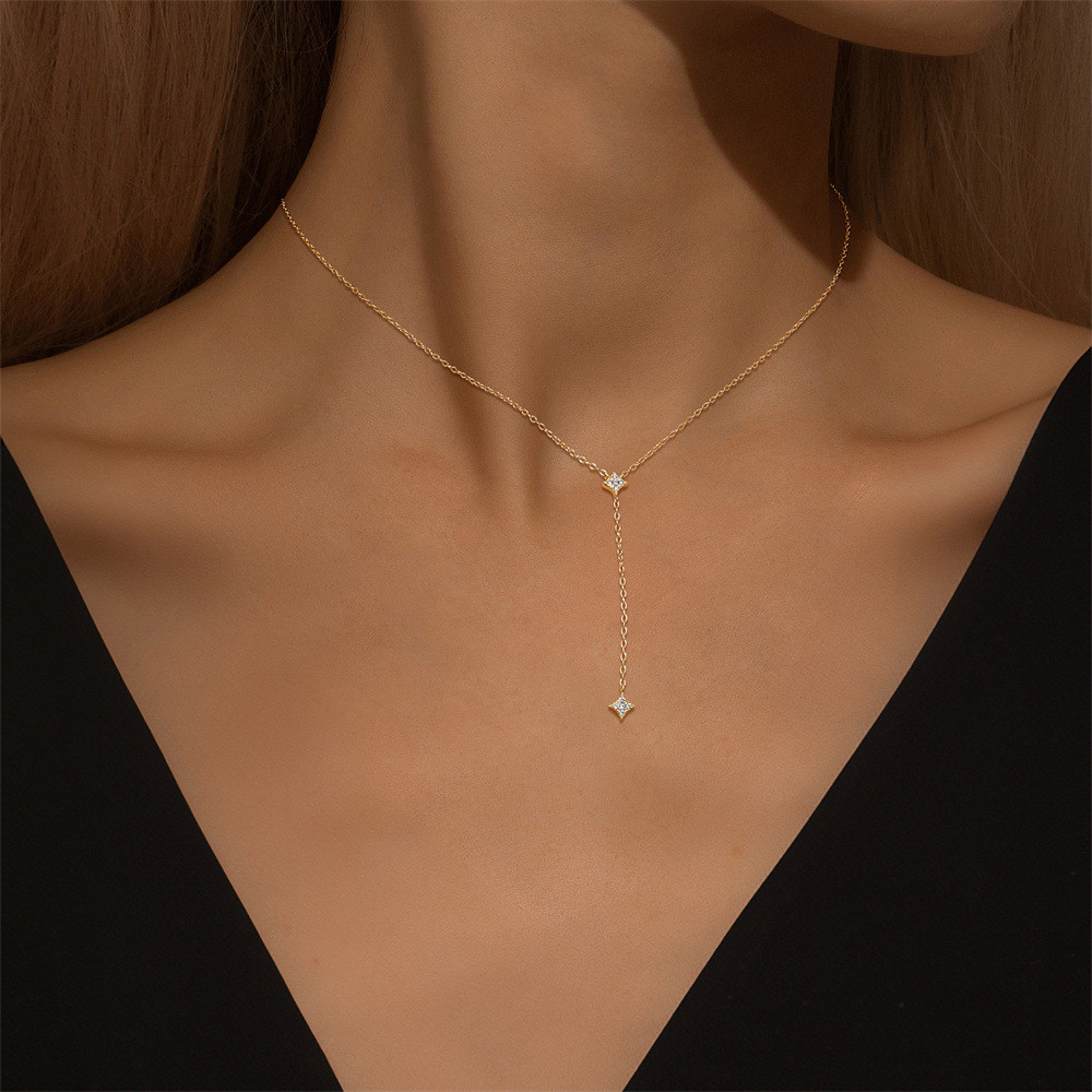 Gold Plated 925 Sterling Silver CZ Four Point Star Y Lariat Necklace