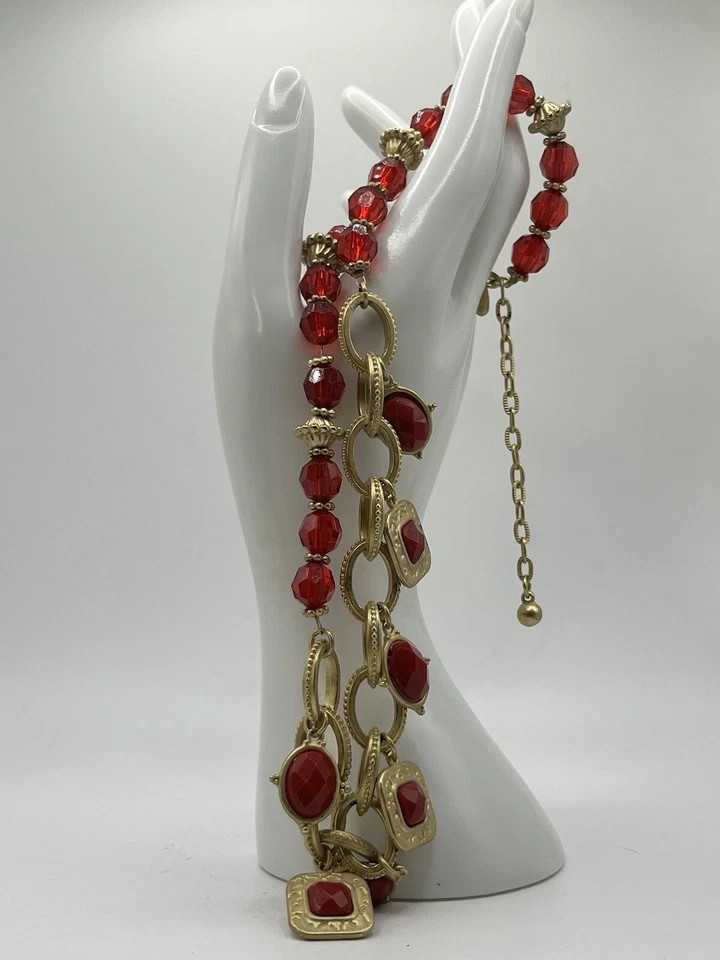 GEORGE BOHEMIAN MATTE GOLD CHAIN RED CABOCHONS RHINESTONES 18-21″ NECKLACE EUC