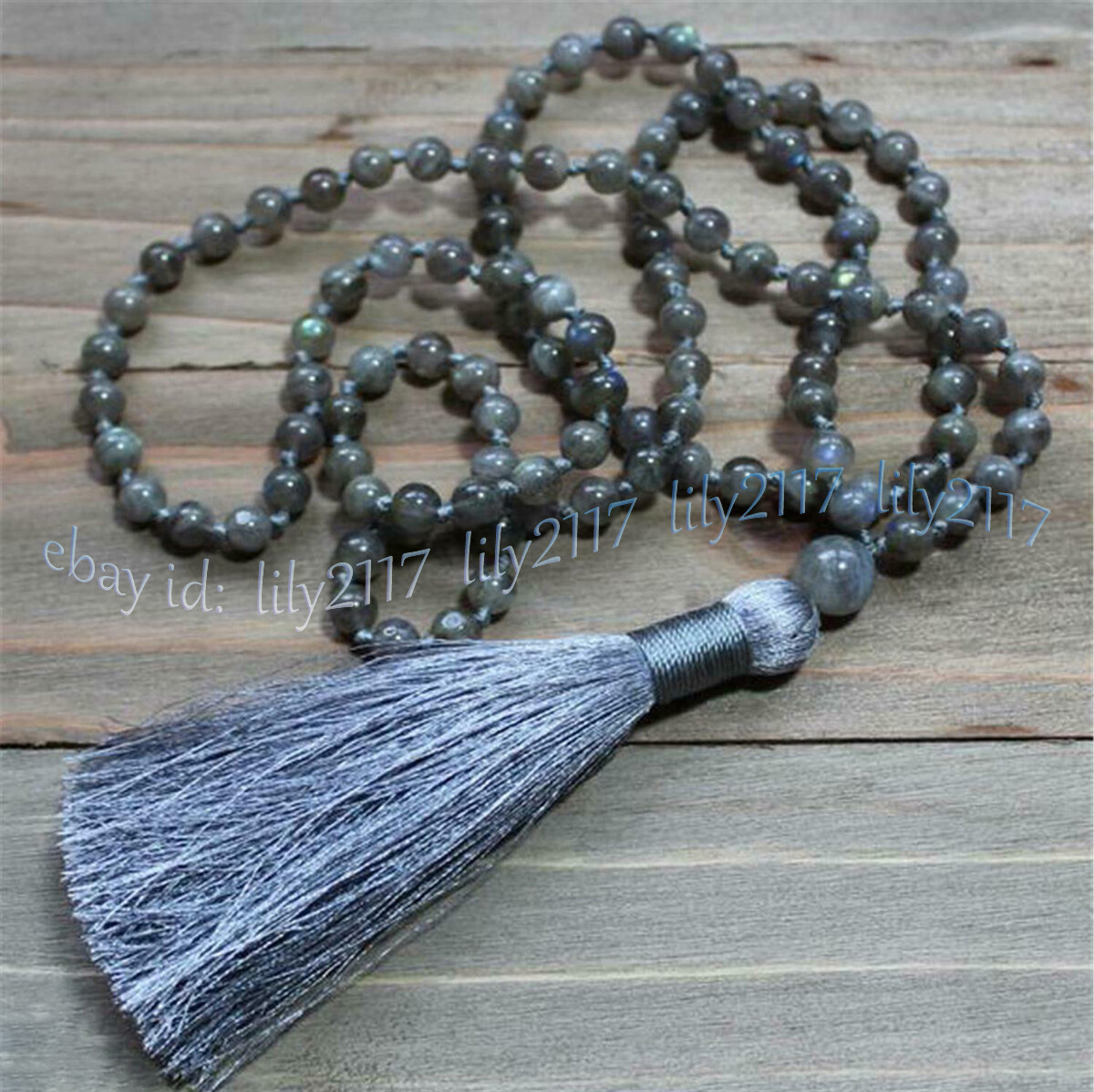 Gray Labradorite Gems Tibet Buddhist 108 Prayer Beads Mala Necklace Meditation