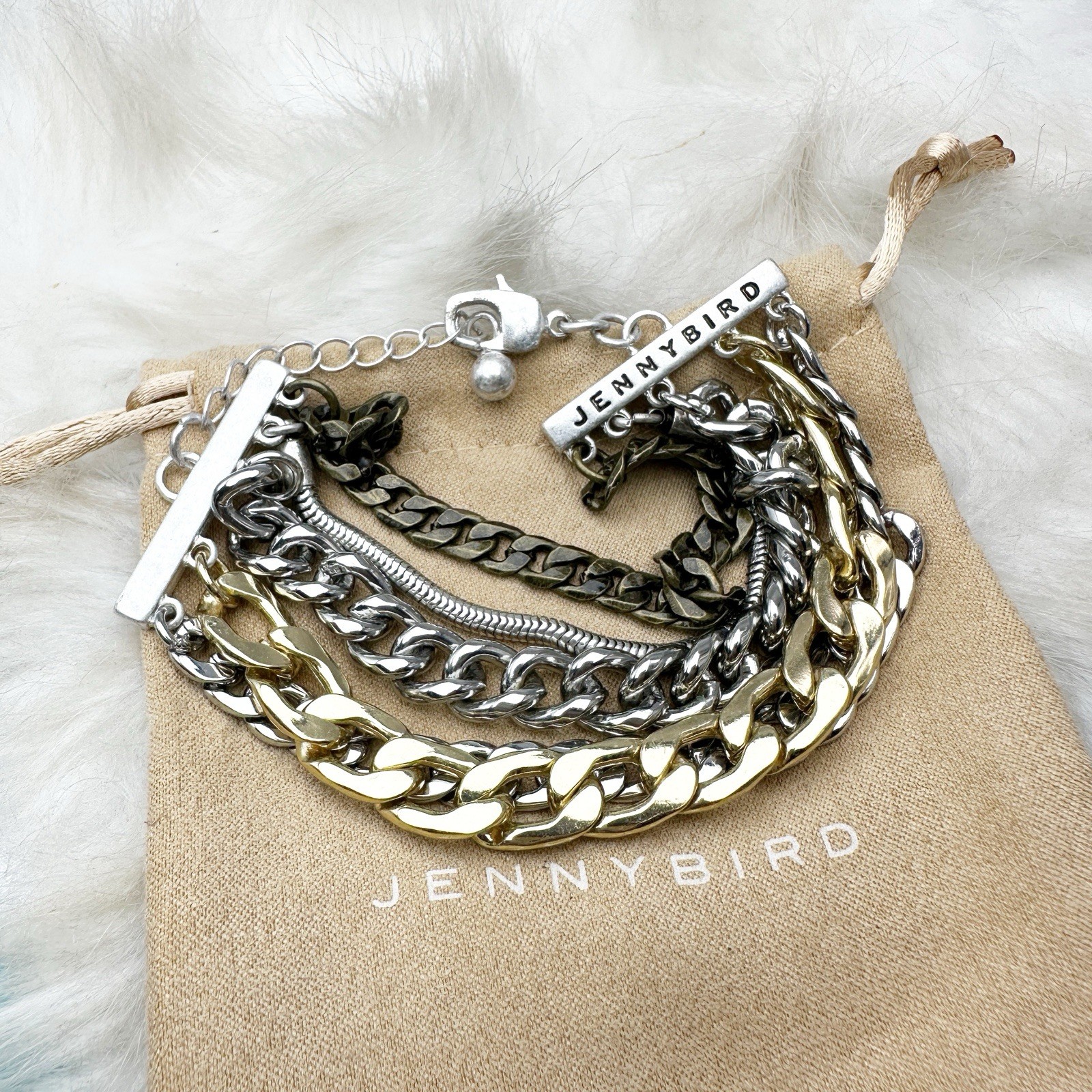 Jenny Bird Gold Silver Multi Chain Statement Bracelet w/ Pouch New w/o tags