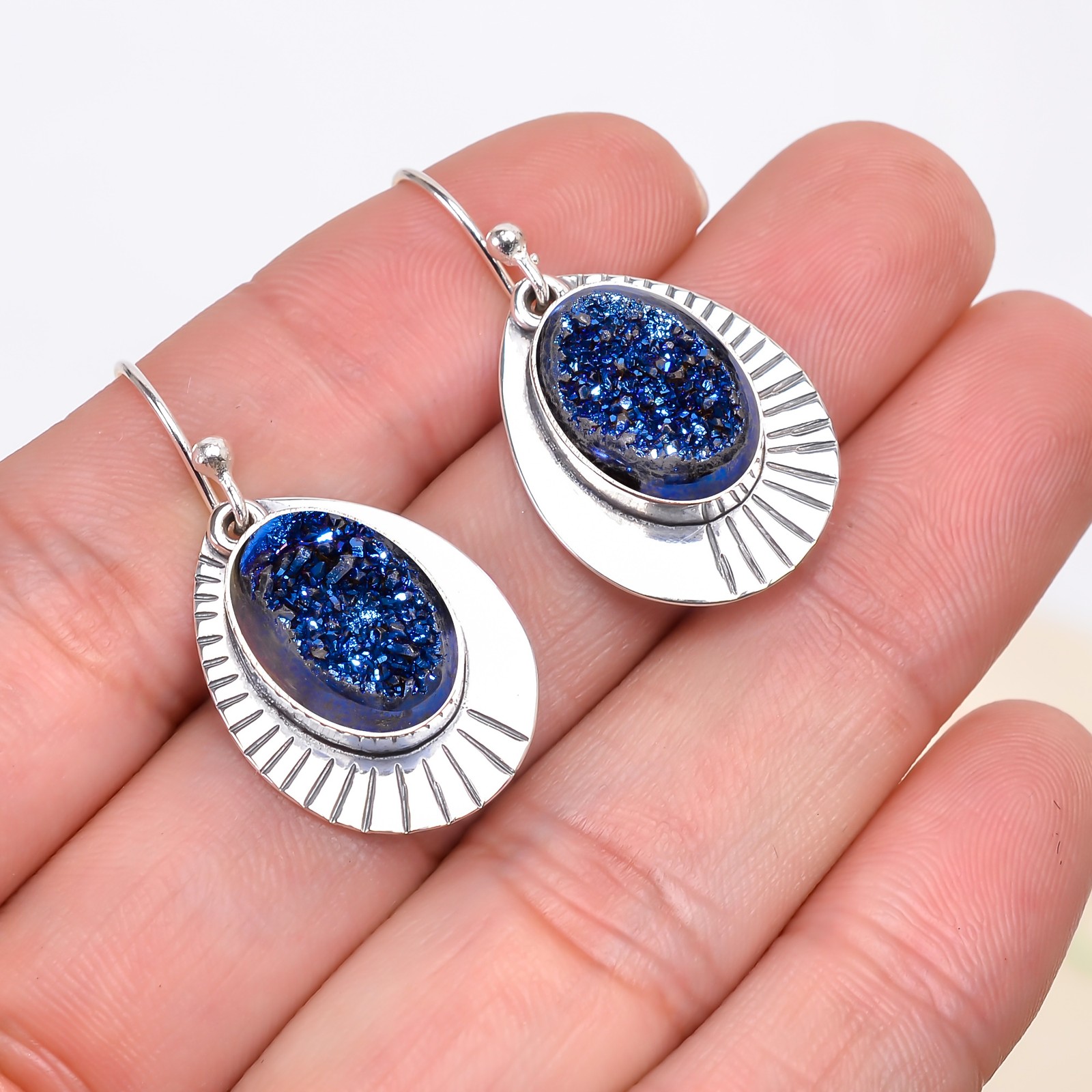 Blue Titanium Agate Drusy 925 Sterling Silver Earring, Christmas Gift E155163