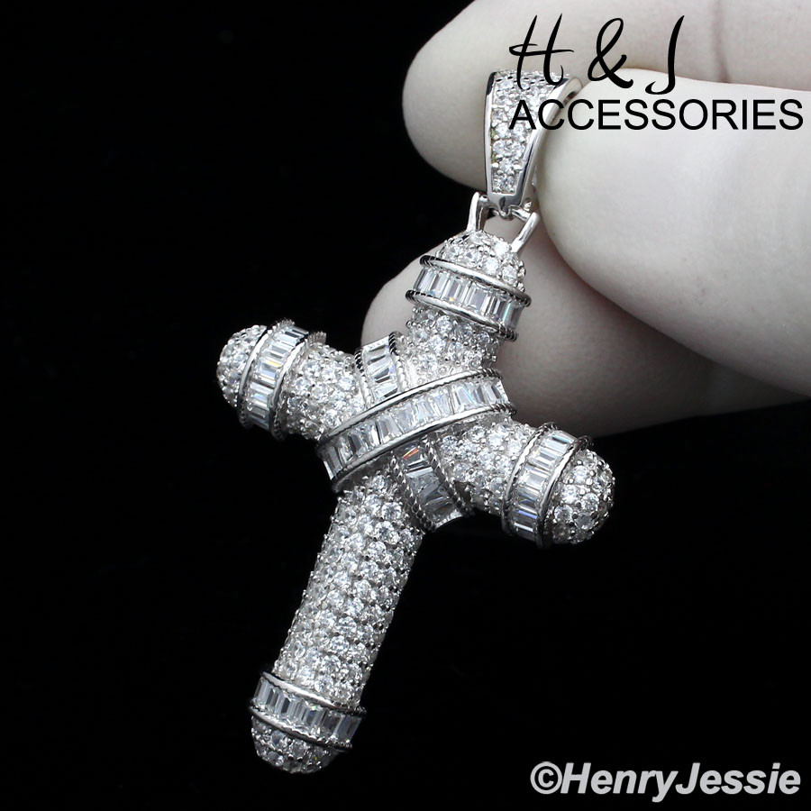 18-30″MEN 925 STERLING SILVER 2MM MOON CUT BEADED CHAIN CZ CROSS PENDANT*SP232