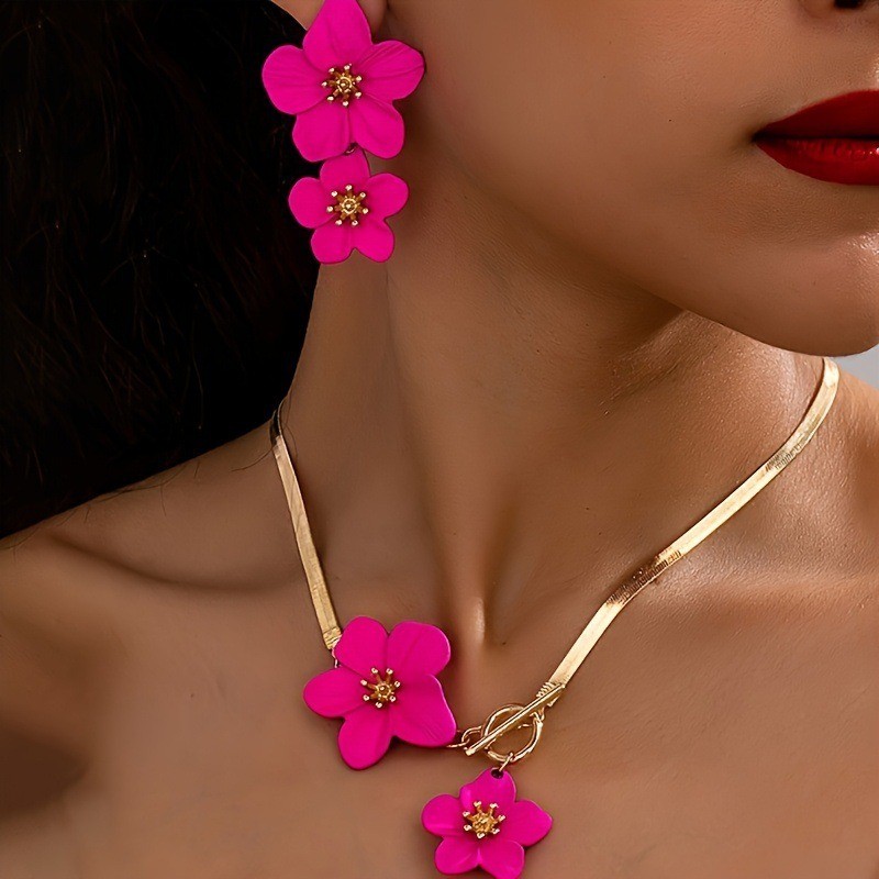 Women’s Rose Red Elegant Flower Pendant Necklace Earrings Jewelry Set Alloy