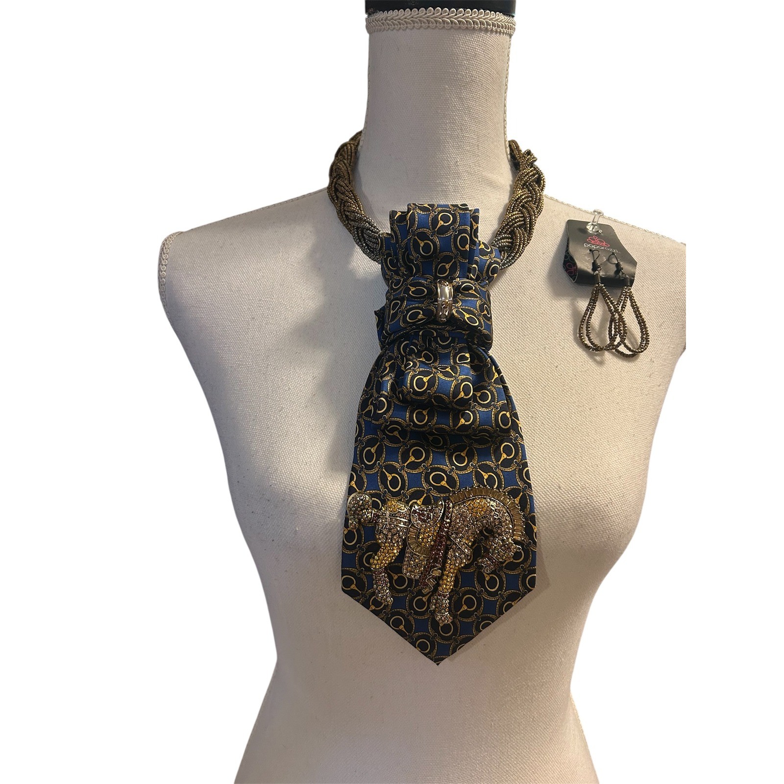 Club Room Silk Tie Horse Necklace Western Equestrian Blue Gold Crystal Brooch