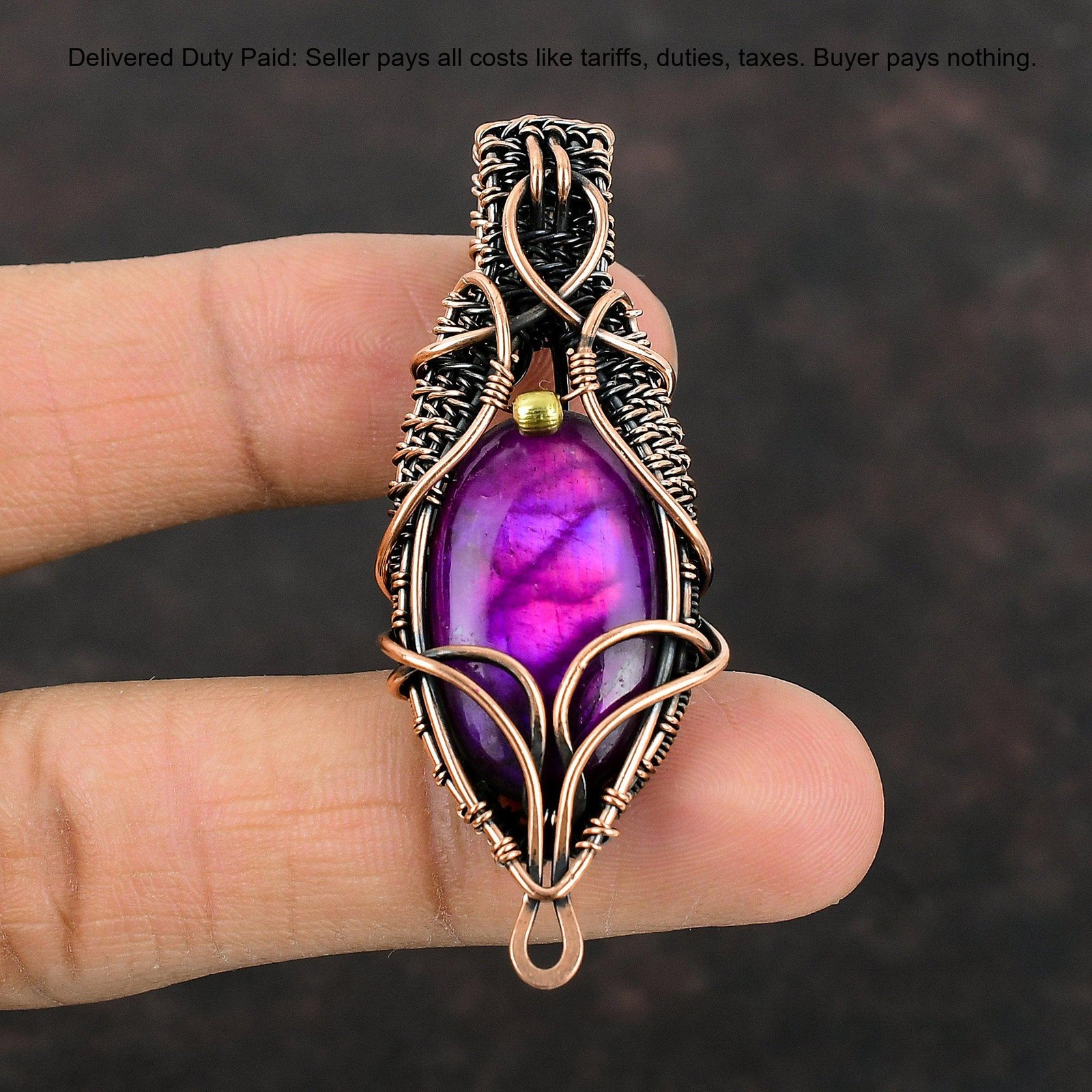 Copper Oval Natural Pink Fire Labradorite Christening Third Eye Chakra Pendant