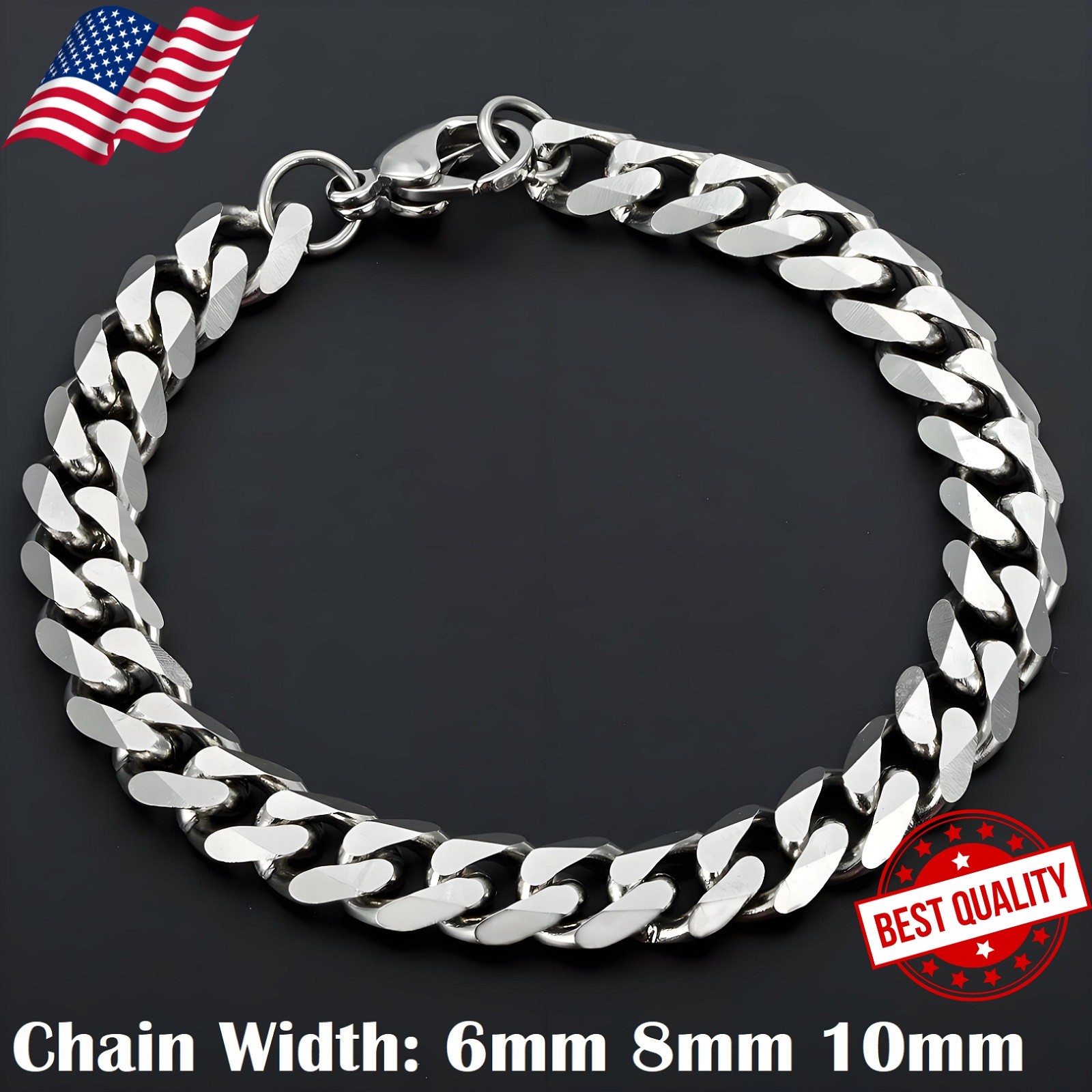 Silver Stainless Steel Curb Cuban Link Chain Bracelet Unisex Women Men 6/8/10mm