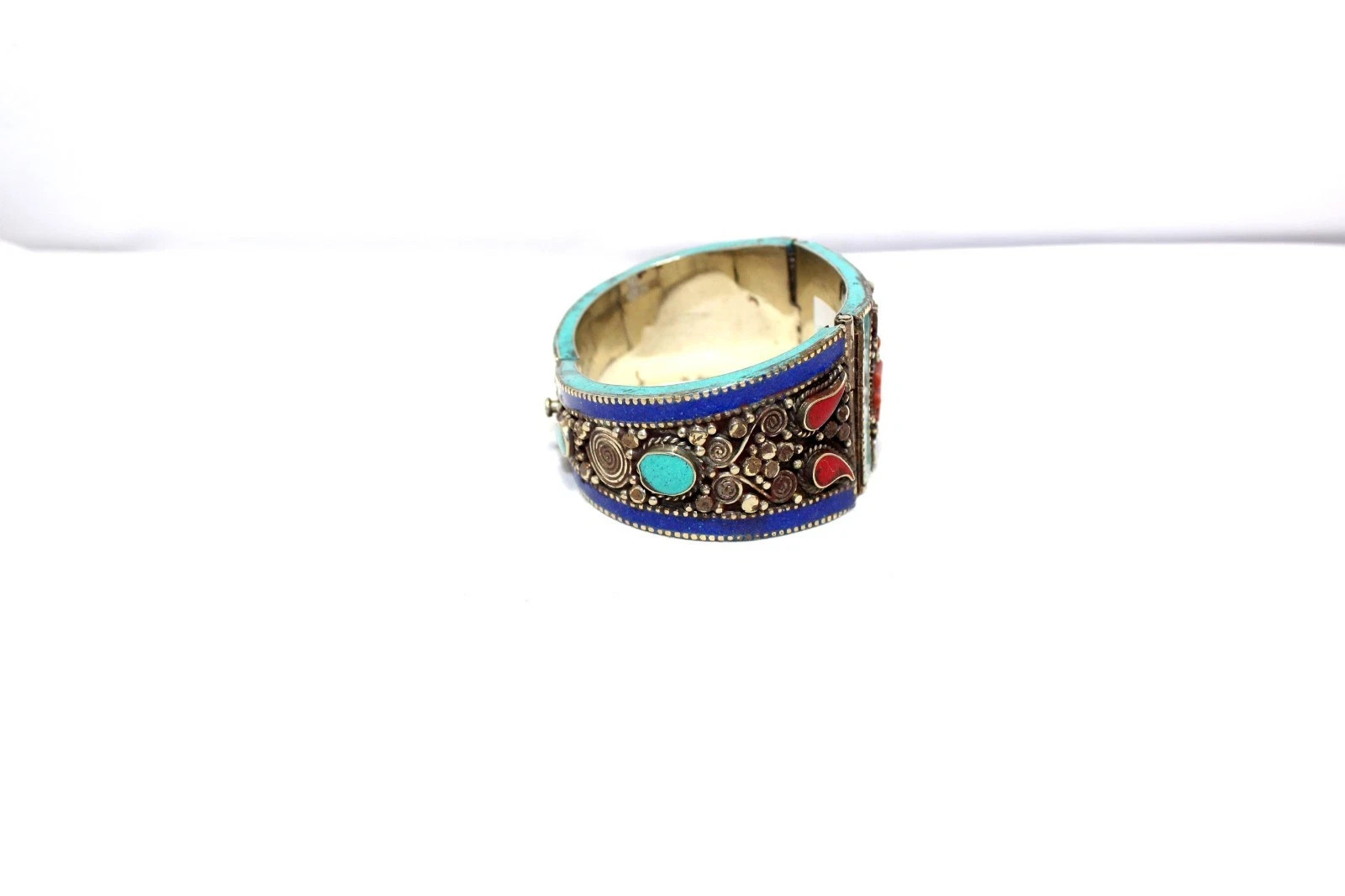 Turquoise Bracelet Alloy Steel Coral & Gem Stone Tibetan Nepal Handmade