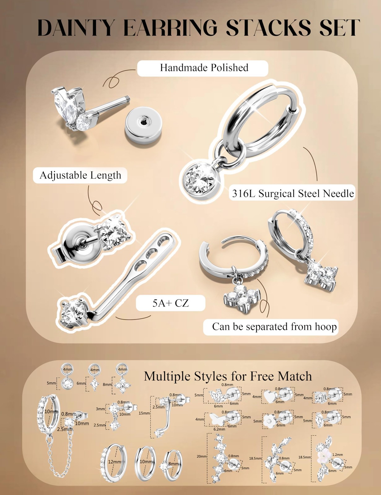 18 PCS Single Cartilage Varies (0.8mm, 6mm, 8mm, 10mm, 12mm, 5mm), Silver
