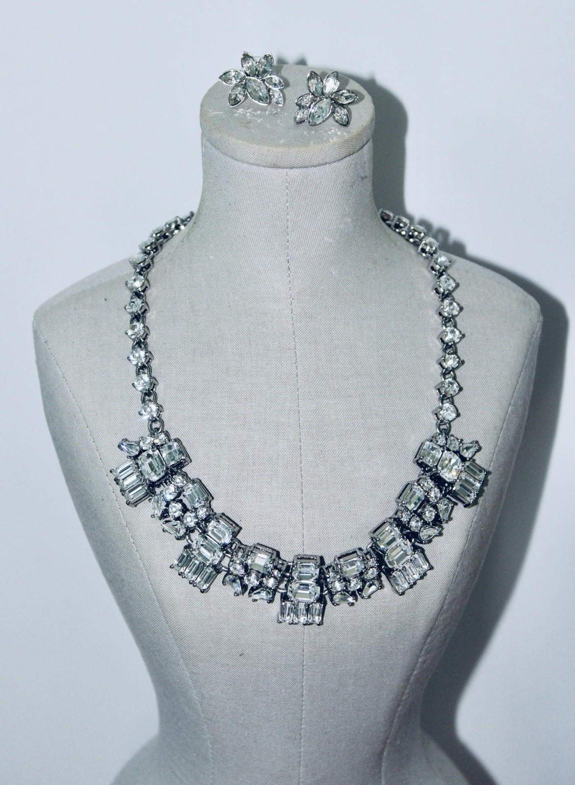Ann Taylor Silver Plated Baguette Rhinestone Necklace & Flower Earrings Set