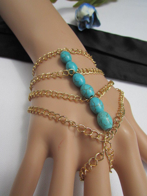 WOMEN GOLD FASHION JEWELRY HAND CHAINS TURQUOISE BLUE BEADS BRACELET SLAVE RING