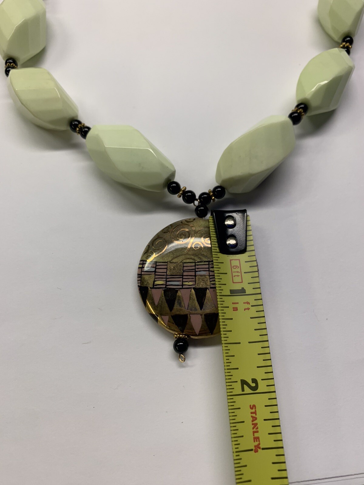 Beautiful Light Green Beaded Costume Jewelry Necklace With Hand Painted Pendant